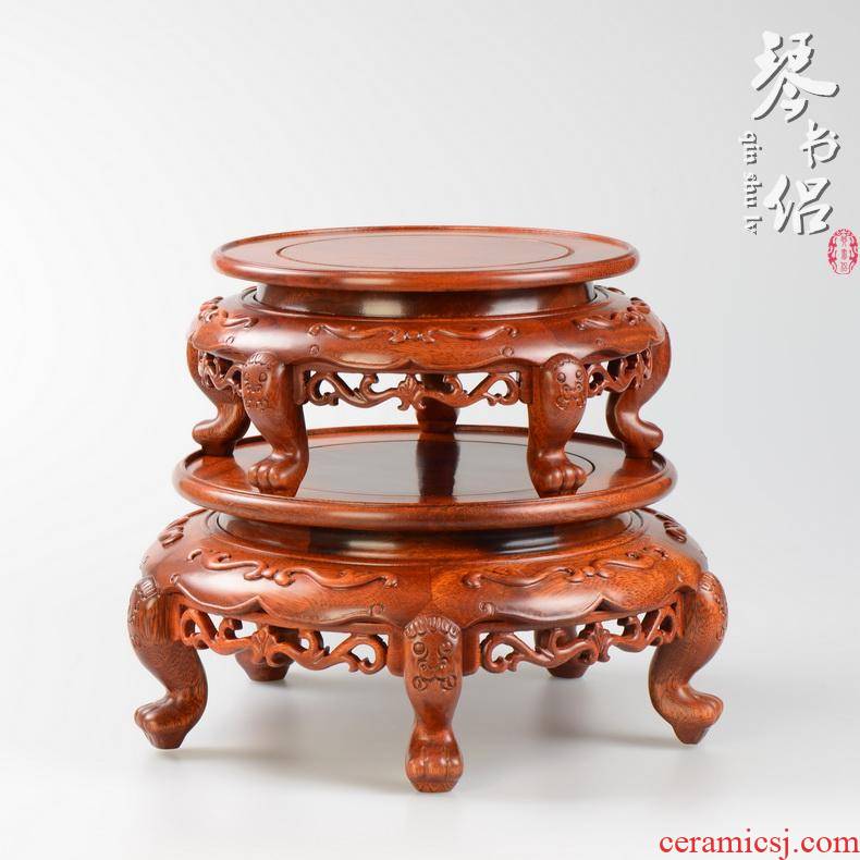 Rosewood carving of Buddha antique vase circular base tank bonsai flower wearing jade stone base