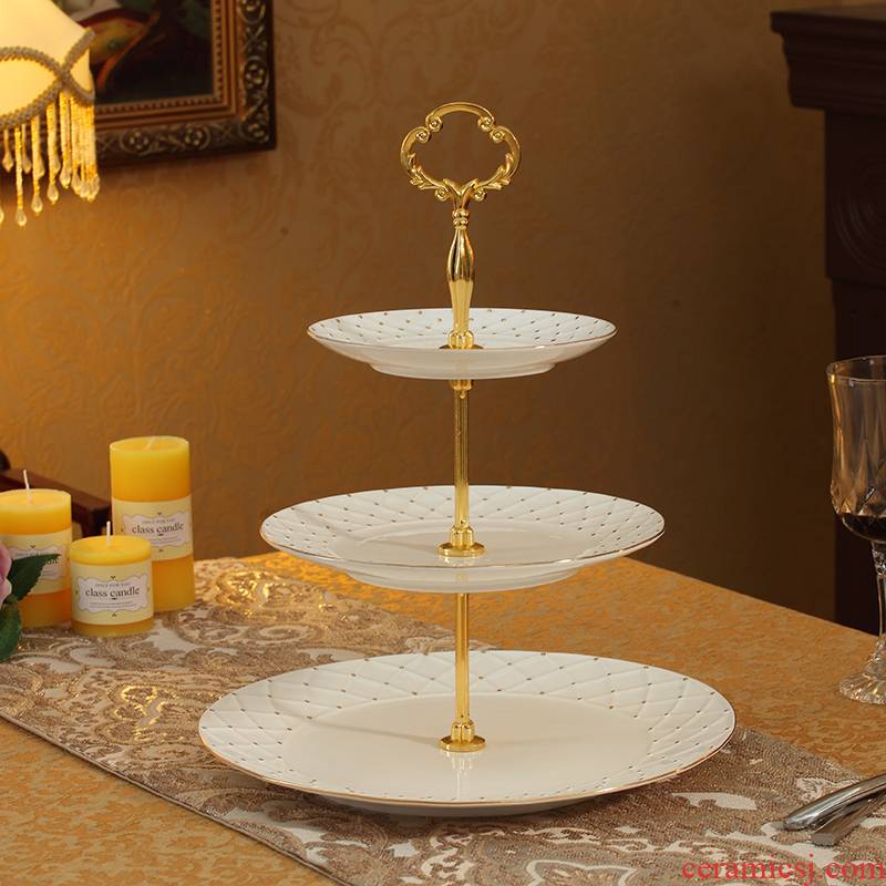 Gold ipads China tea three snack tray was European sitting room multilayer fruit double disc wedding dessert cake plate