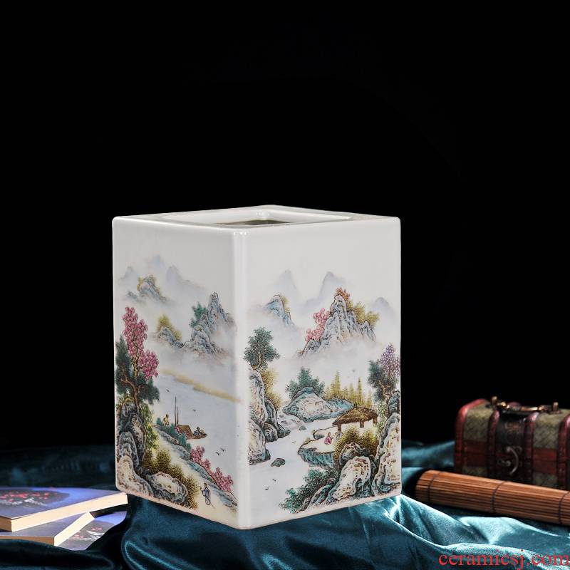 Jingdezhen ceramic vase high - end antique landscape family edged brush pot flower home decoration crafts