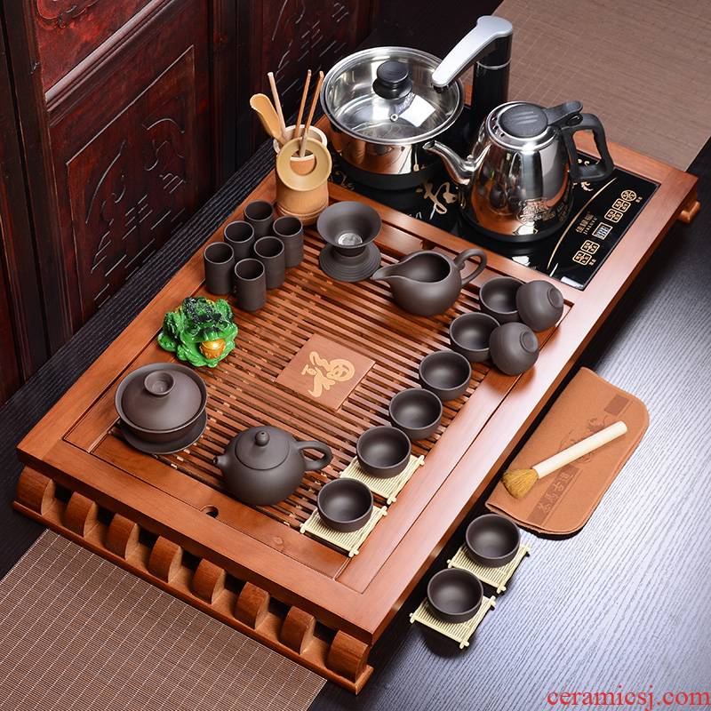 Violet arenaceous kung fu tea set home ceramic cups tea set electric magnetic furnace of a complete set of tea sets tea solid wood tea tray