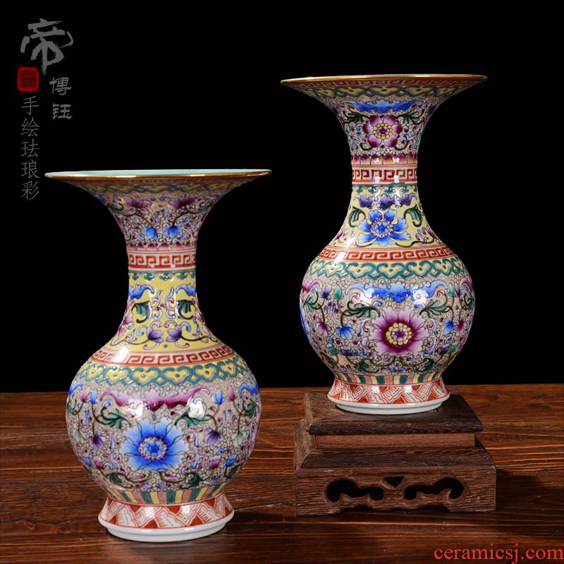 Jingdezhen ceramic vases, flower implement furnishing articles of high - grade checking antique colored enamel bottle home decoration antique furniture
