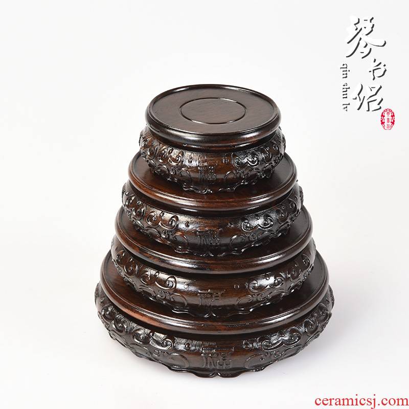 Red solid wood black catalpa wood antique porcelain round base it vase bonsai stone, wood seat