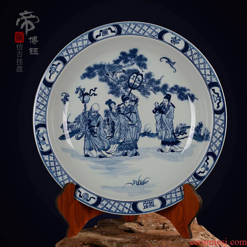 Jingdezhen ceramic decoration plate sit plate hanging dish hand - made antique blue - and - white porcelain handicraft furnishing articles fu lu shou characters