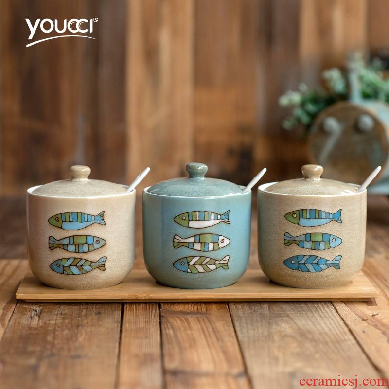 Youcci porcelain creative water - wave large leisurely seasoning jar of Japanese household kitchen sugar pot monosodium salt jars