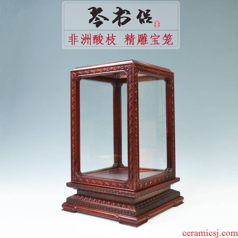 Pianology picking Africa red acid branch treasure cage the glass dust cover the wooden base, transparent display cover figure of Buddha base frame