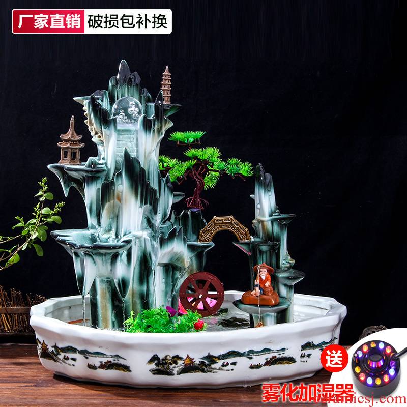 Chinese feng shui round ceramic aquarium water fountain furnishing articles sitting room home desktop household transfer creative humidifier