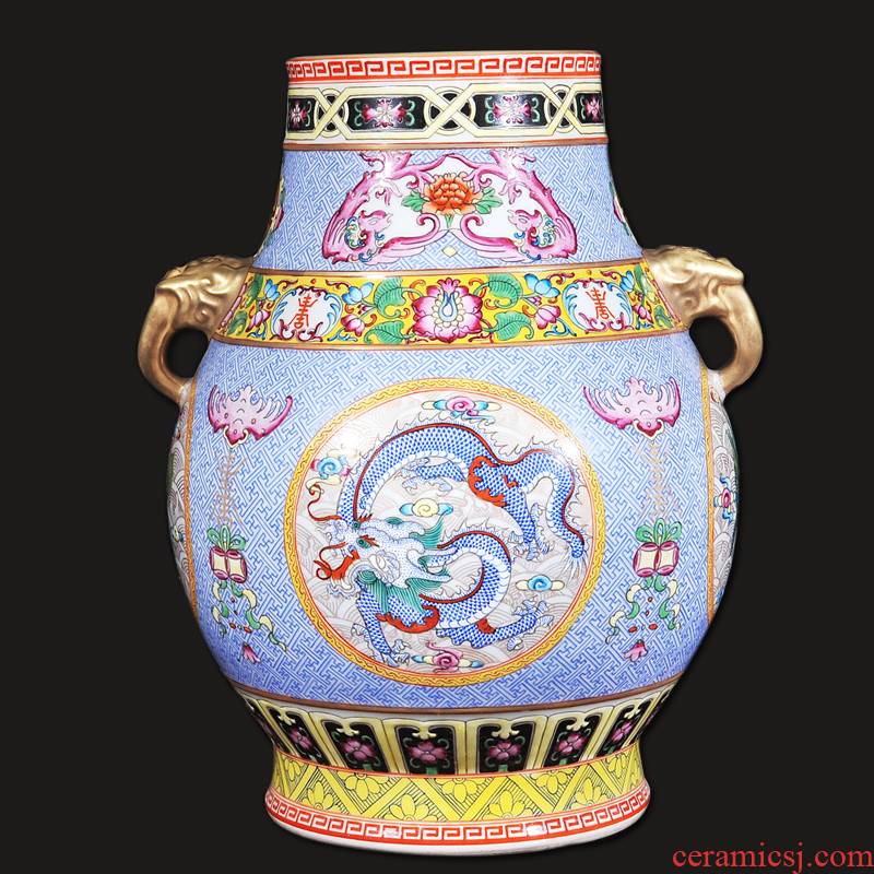 Jingdezhen ceramics antique hand - made pastel blue dragon on day deer listen drum home crafts