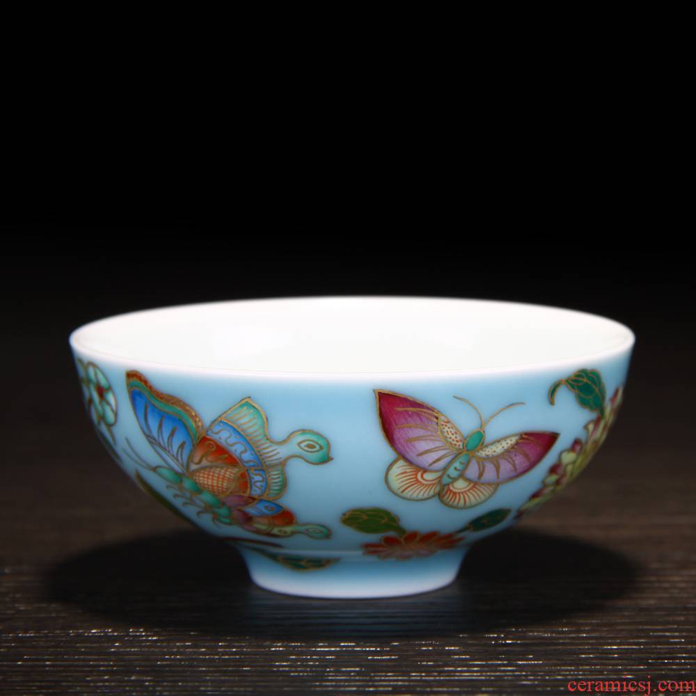Treasure porcelain Lin azure pea green colored enamel a fold branch pomegranate cup of jingdezhen ceramic hand - made single cup tea cups