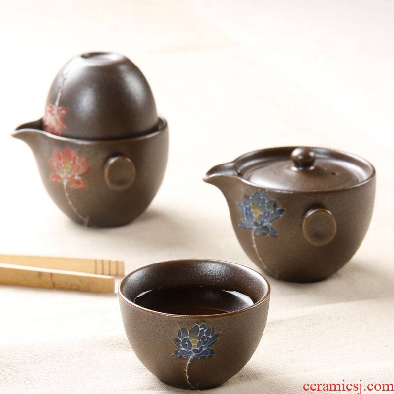 Travel porcelain heng tong kung fu tea set coarse pottery to crack a pot of - drawn on a portable teapot teacup of a complete set of packages