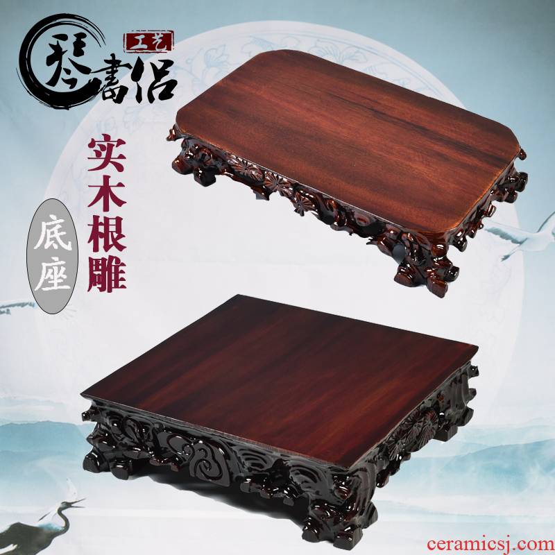 Taishan stone stone base rectangular tetragonal solid wood can be excavated base of flowerpot furnishing articles oval stone base