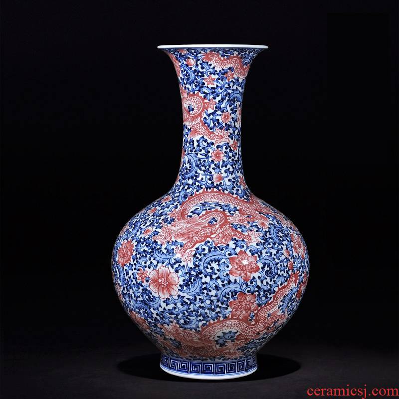 Antique hand - made porcelain of jingdezhen ceramics youligong red dragon wear bottle of sitting room than a flower crafts TV ark, furnishing articles
