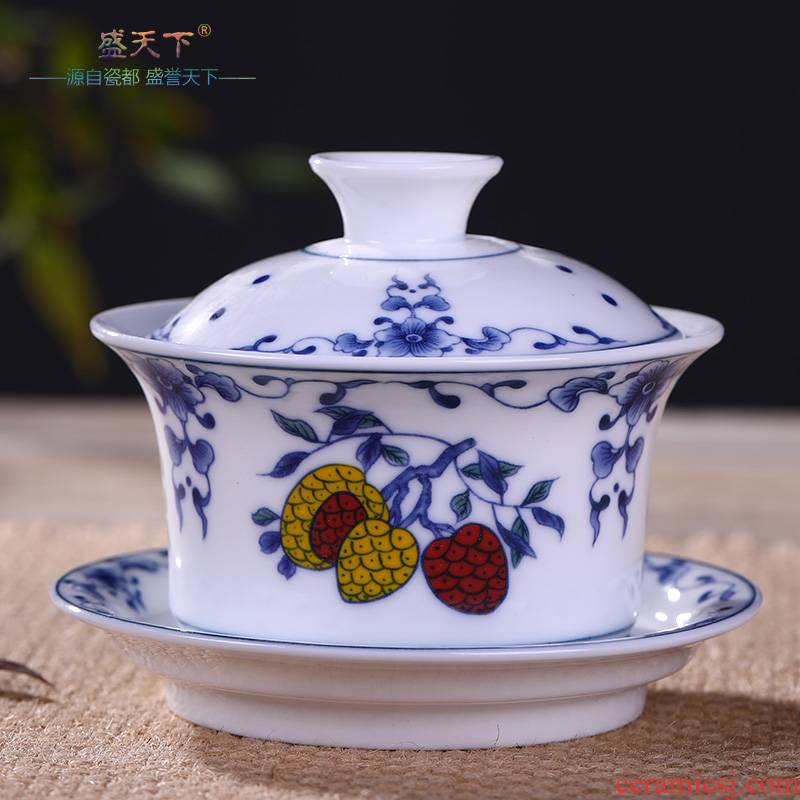 Jingdezhen blue and white tureen lid cup three cups to ceramic bowl of kung fu tea tea home three fort tea ready
