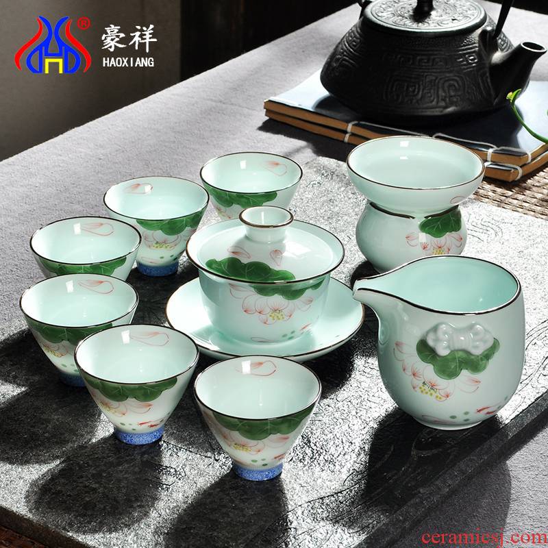 Howe auspicious celadon tea lotus kung fu tea cups of a complete set of blue and white porcelain ceramic teapot teacup