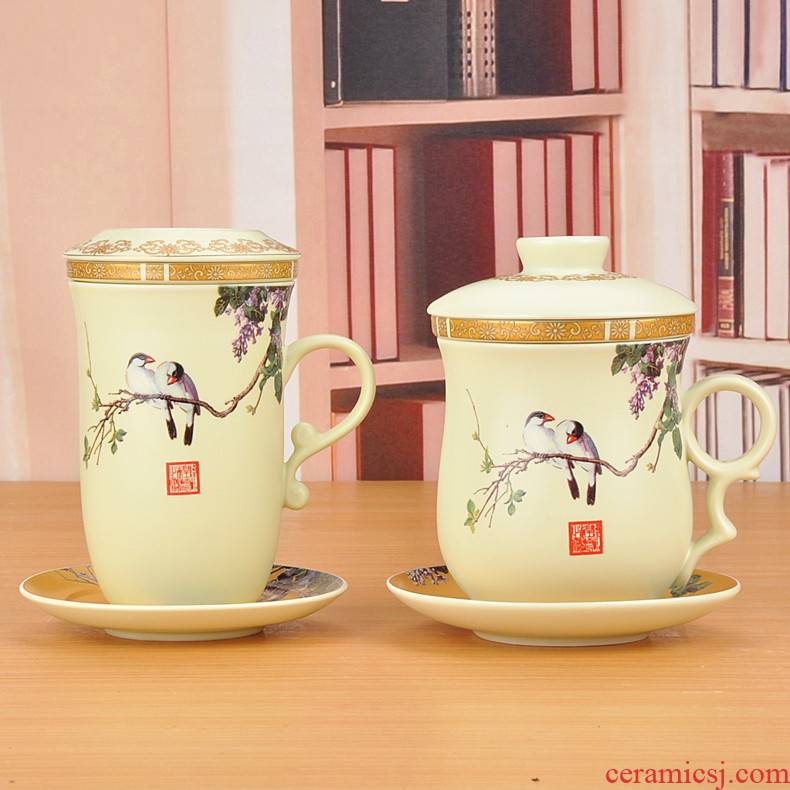 Mud of jingdezhen ceramic four - piece cup inferior smooth glaze teacup couples cup with leaking cup plate glass