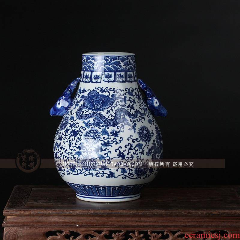 Jingdezhen ceramics under glaze blue and white porcelain vase color ears dragon cylinder household adornment is placed in the living room