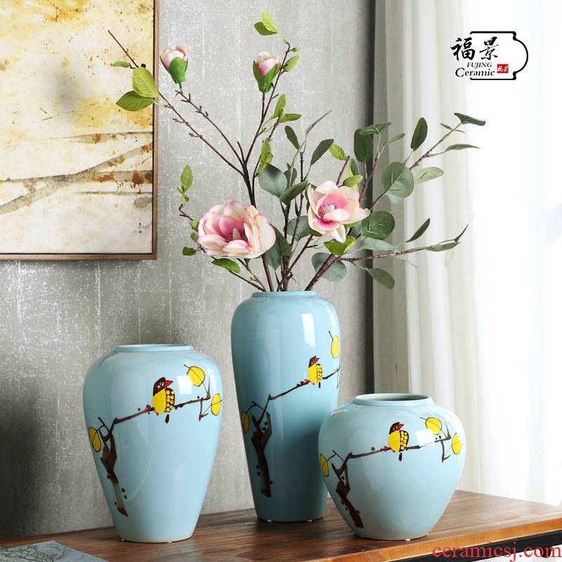 New Chinese style between modern blue flower ceramic vase three - piece example household act the role ofing is tasted decorative porcelain vase furnishing articles