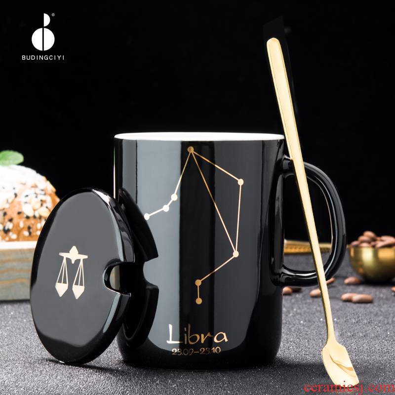 Creative the zodiac ceramic cups with cover spoon keller cup move office tea lovers coffee cup