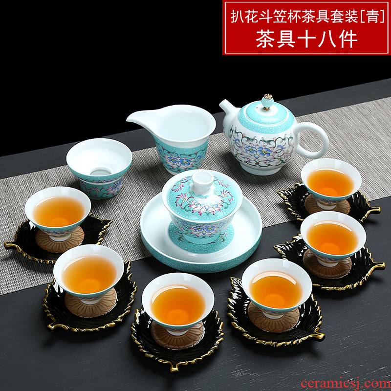 Blue and white color full grilled ceramic tea set of kung fu tea tea set tureen fair keller sample tea cup