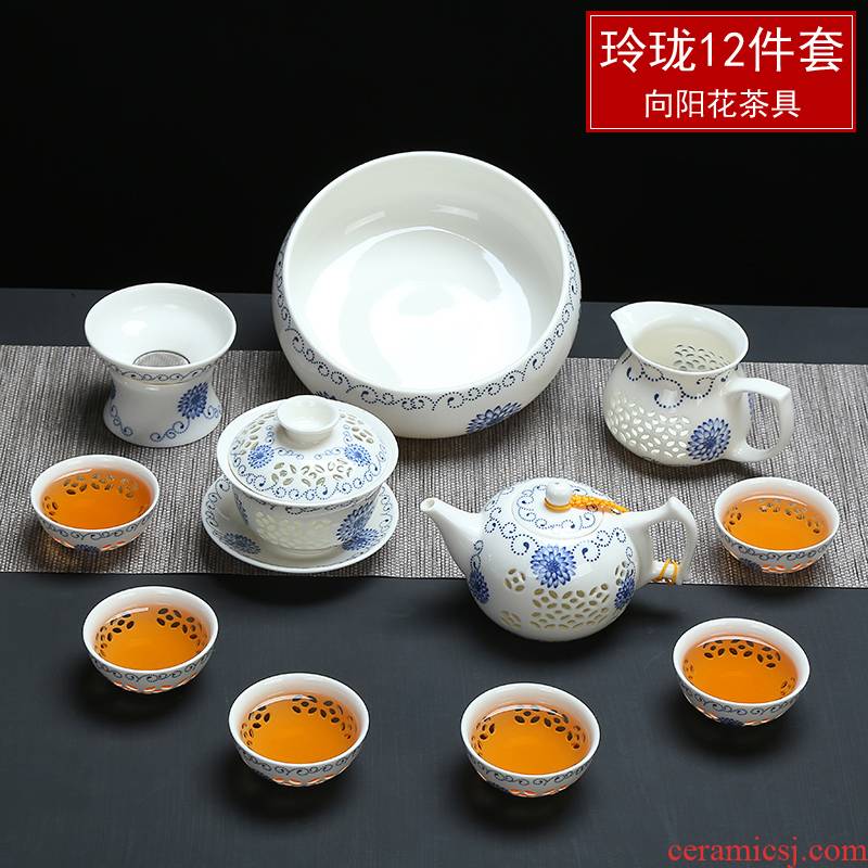 Fujian blue and white and exquisite kung fu tea set ceramic honeycomb hollow out macro tea sea teapot teacup of a complete set of accessories