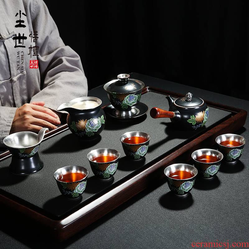Manual coppering. As grilled silver flower porcelain tea sets sterling silver Japanese home tasted silver gilding kung fu tea set side put the pot of ceramic cups