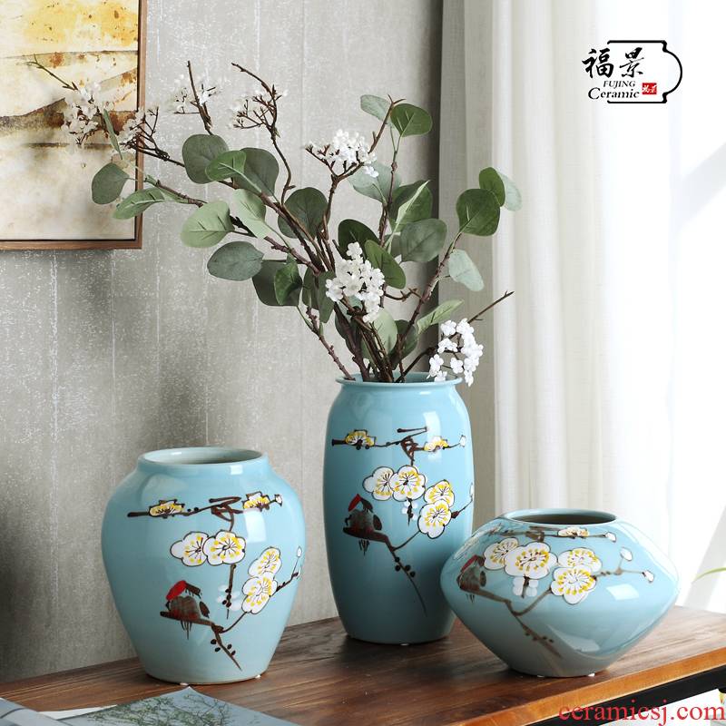 Fu jing new Chinese modern furnishing articles hand - made ceramic name plum flower vase three - piece wine cabinet decoration decoration process