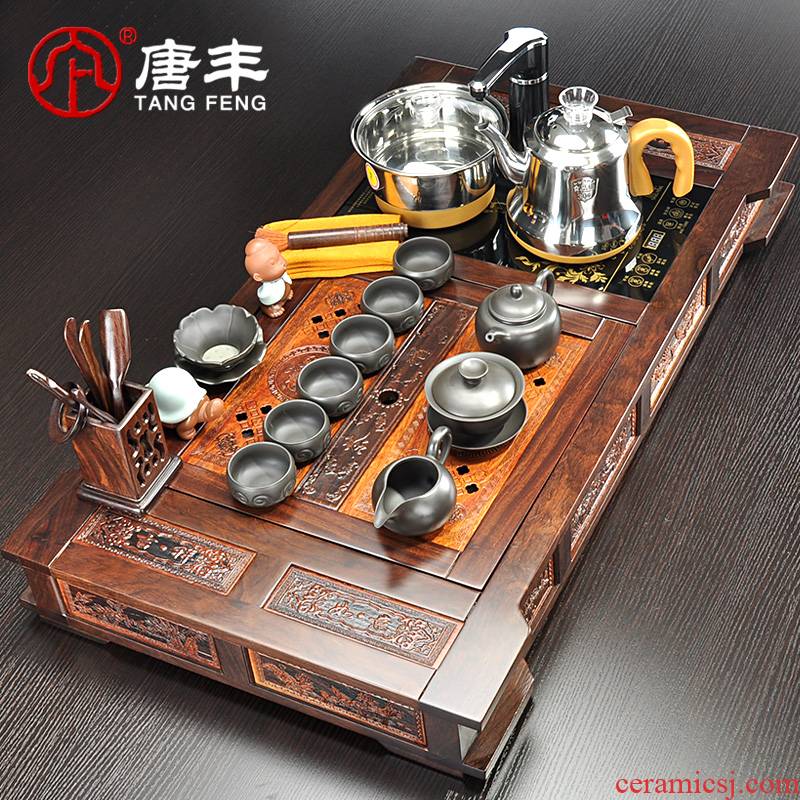 Tang Feng ebony wood tea tray tea set suit household electric tea stove violet arenaceous tureen kung fu four cups of a complete set of unity