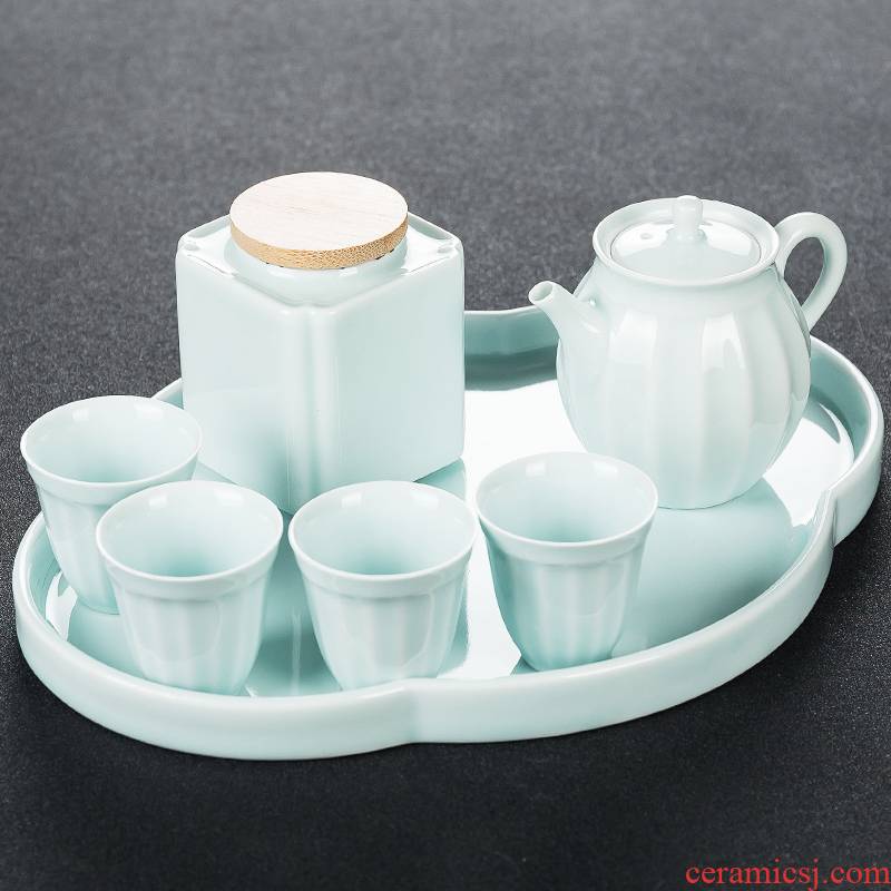 NiuRen household contracted celadon travel a pot of four cups of a complete set of kung fu tea sets is suing portable dry tea tray
