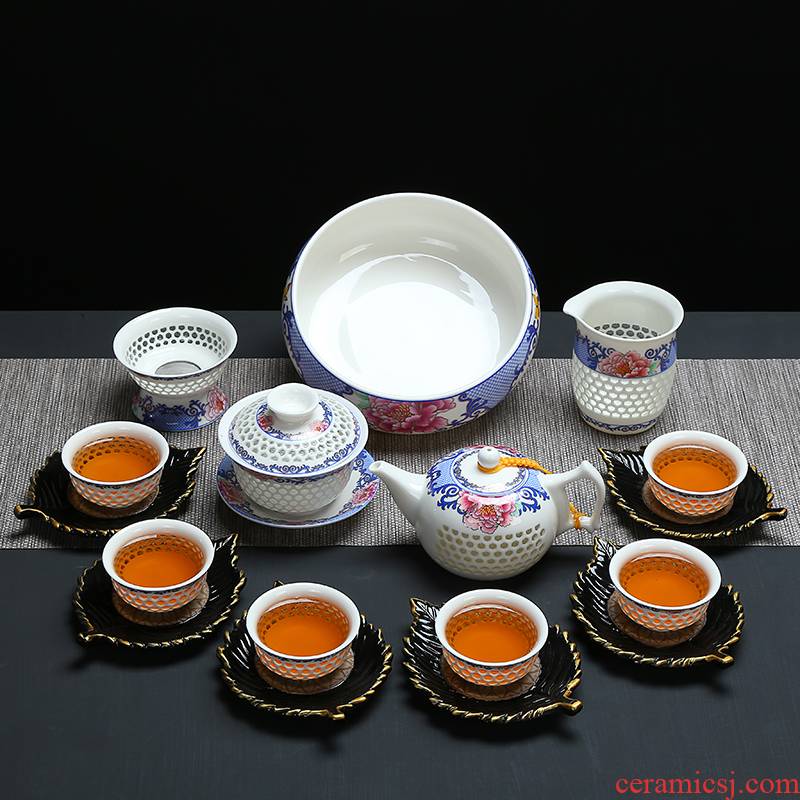 Blue and white porcelain tea set exquisite honeycomb hollow ceramic kung fu tea set tea service parts honeycomb teapot teacup