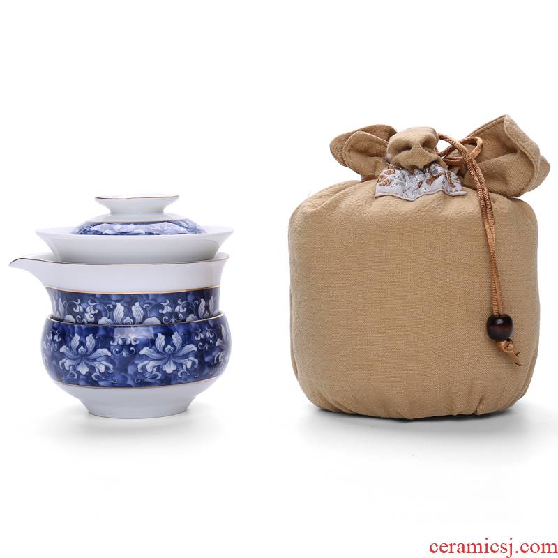 Chiang kai - shek crack of blue and white porcelain cup portable travel Japanese ceramics kung fu tea set is suing Japanese simple tourism teapots