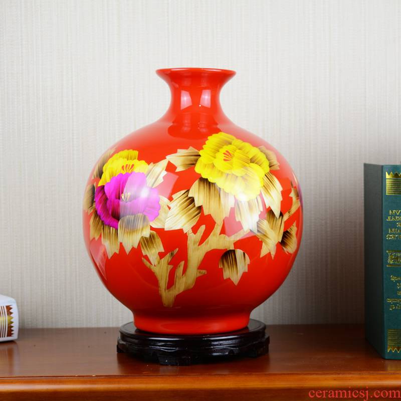 Jingdezhen ceramics red peony vases, modern Chinese style living room home flower adornment handicraft furnishing articles
