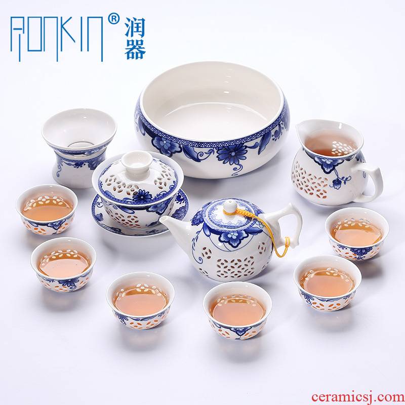 Ronkin home sitting room kung fu tea set and exquisite hollow out teapot ceramic teapot teacup of a complete set of 6