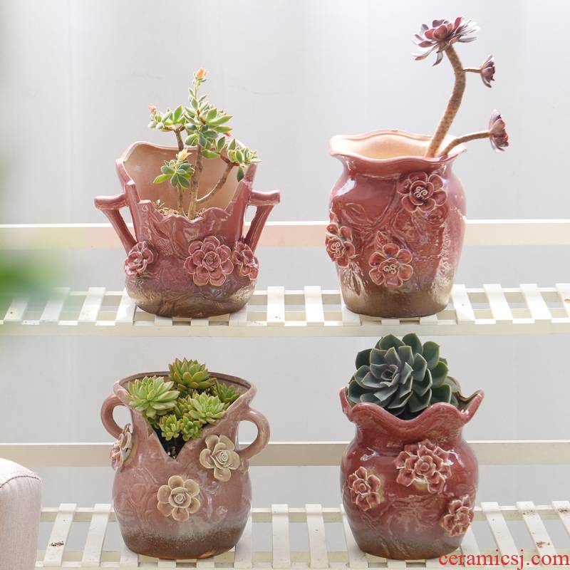 A new large caliber old running the green plant ceramic flower POTS, fleshy flower implement dried flower vase coarse pottery breathable large - sized mage basin