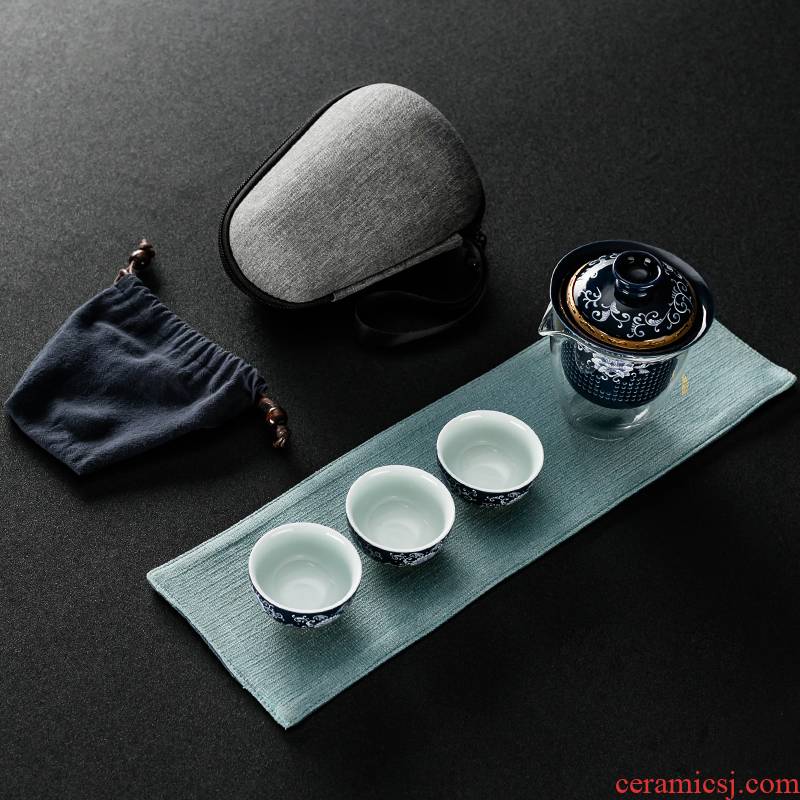 NiuRen blue and white porcelain of a complete set of a pot of three cups of portable package travel kung fu tea set is suing filtering cup suit the teapot