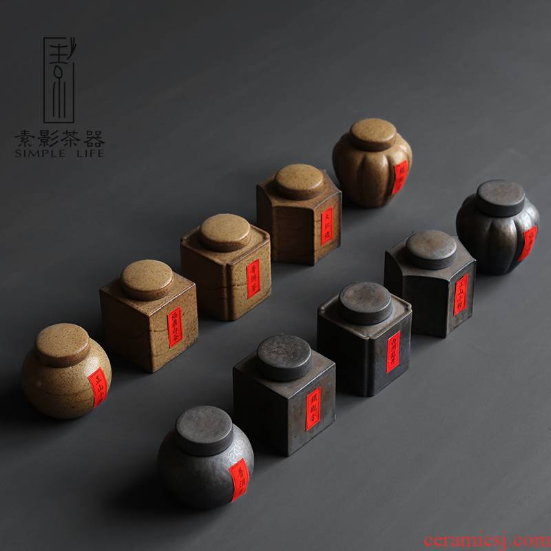 Plain film creative coarse pottery small caddy fixings ancient up circular storehouse, black iron gold square kung fu tea POTS