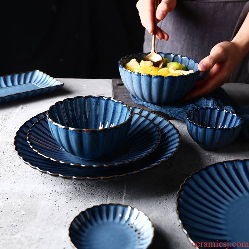Ink blue ceramic dishes restoring ancient ways the high level of appearance plate suit rice bowl dish dish steak dinner plate