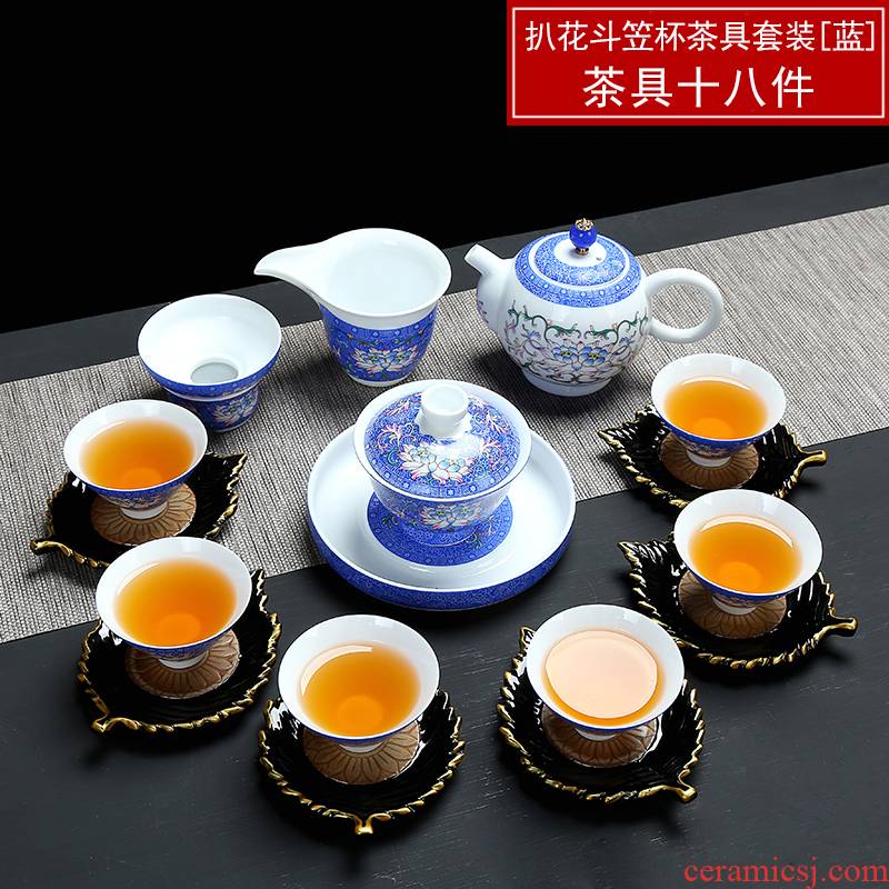 Blue and white enamel lotus tea set, grilled flower ceramic kung fu tea set a complete set of Blue and white porcelain enamel cups
