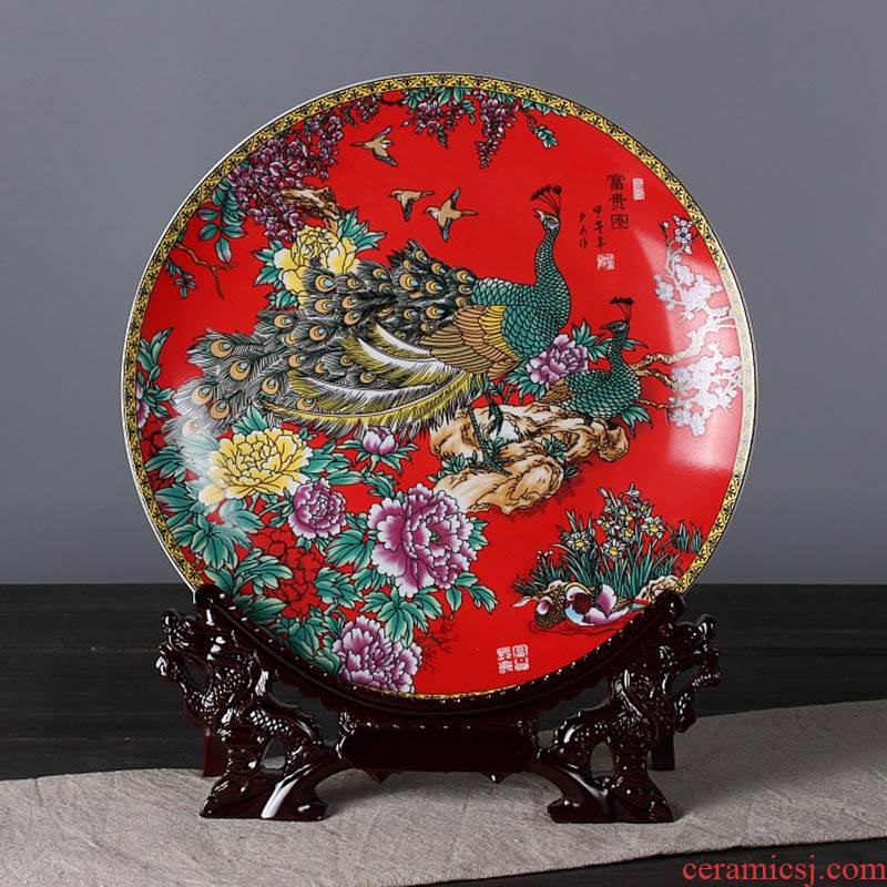 Jingdezhen ceramics powder enamel peacock hang dish sit home background plate decoration plate decoration furnishing articles