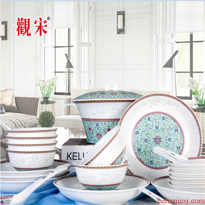 The View of song dynasty jingdezhen imitation of classical Chinese style and exquisite bowls set of plate enamel tableware pastel color restoring ancient ways home outfit