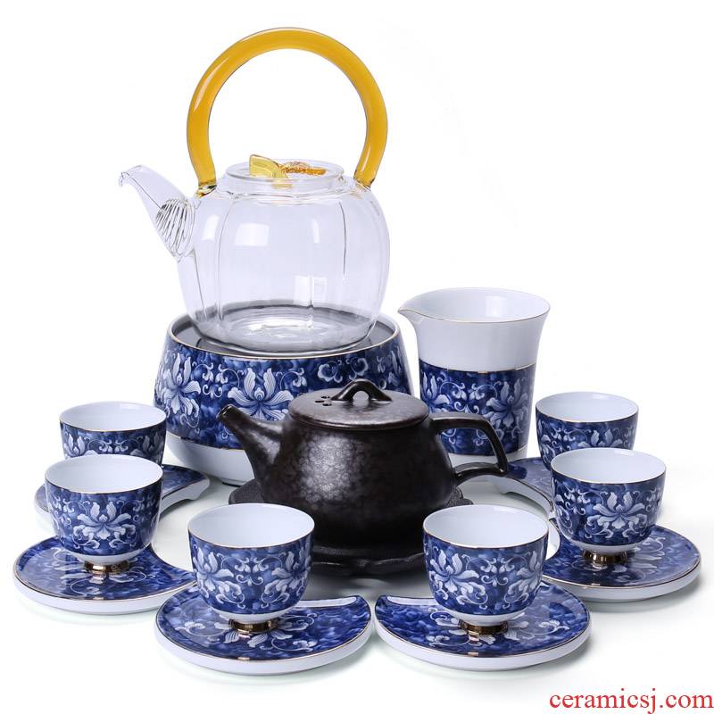 Is a complete set of kung fu tea set of blue and white porcelain household ceramics titian and multi - function electric ceramic furnace into the teapot