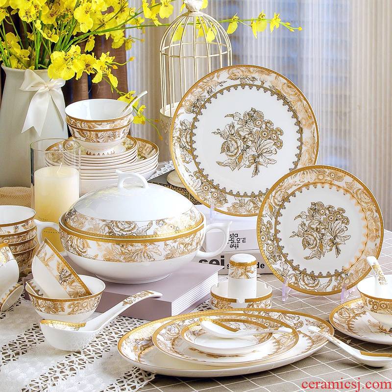 Tangshan ipads porcelain tableware suit ceramic dishes suit household 58 first European ten people eat rice bowl dish porcelain combination