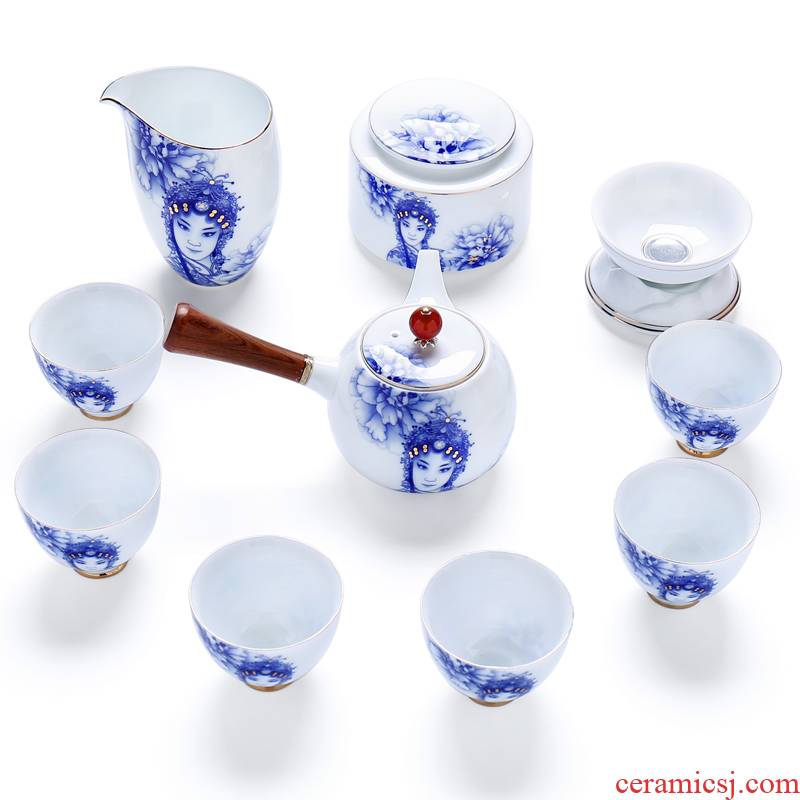 Xin arts edge of a complete set of household ceramic teapot GaiWanCha sea blue and white porcelain teacup opera kung fu tea set
