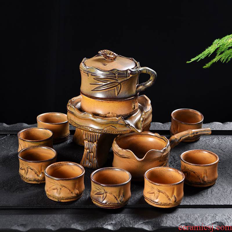 Repeatedly prosperous creative bamboo coarse pottery semi - automatic tea set ceramic prevent hot insulation lazy people make tea, home