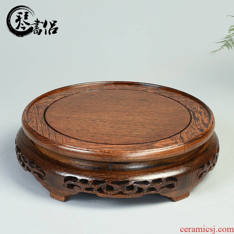 Circular wooden vase base ceramic pot pot of Buddha rock solid wood furnishing articles mahogany base tank