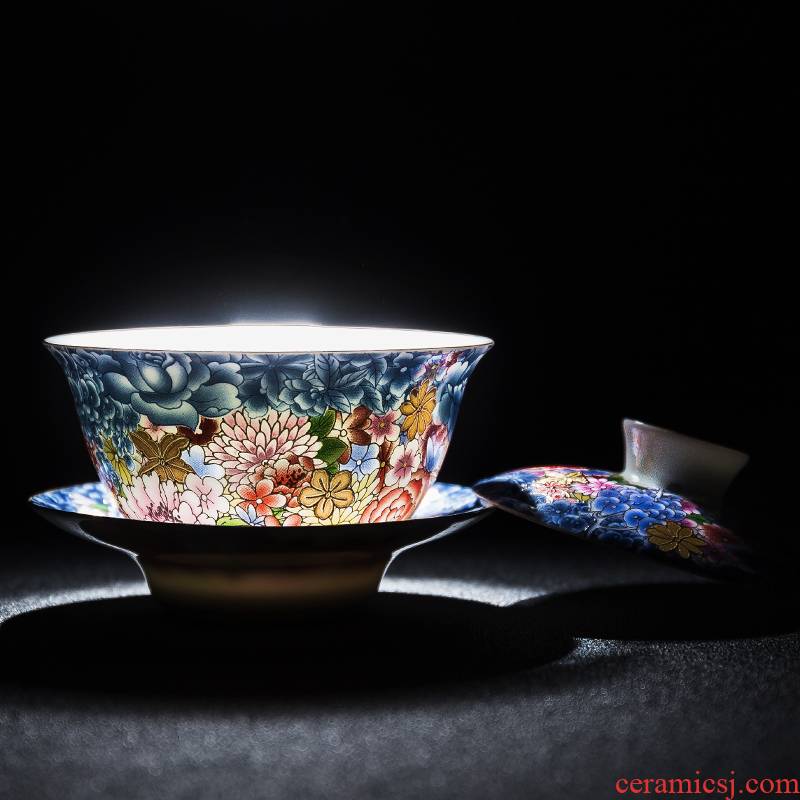 NiuRen flower splendid tureen ceramic kung fu tea set three to tureen large dielectric manual colored enamel cup tea bowl