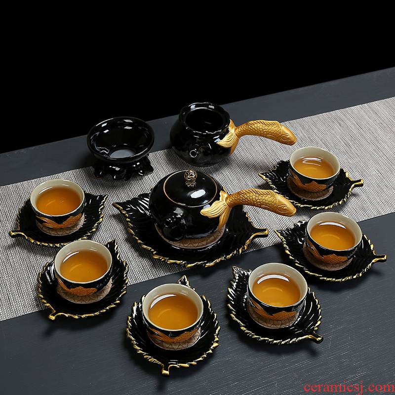The see colour blue and white porcelain kung fu tea set coarse pottery semi - automatic hand a pot of tea tea set two cup mat accessories