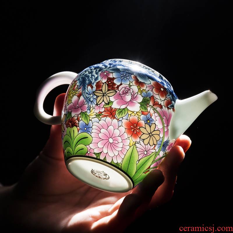 NiuRen flower splendid colored enamel craft teapot household ceramics kung fu tea tea pot of lateral teapot