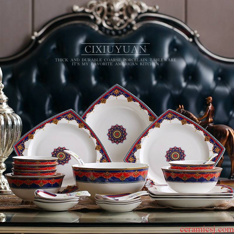 Tangshan ipads porcelain tableware dishes suit household combined European ceramic bowl chopsticks scene 28 head simple Chinese dishes