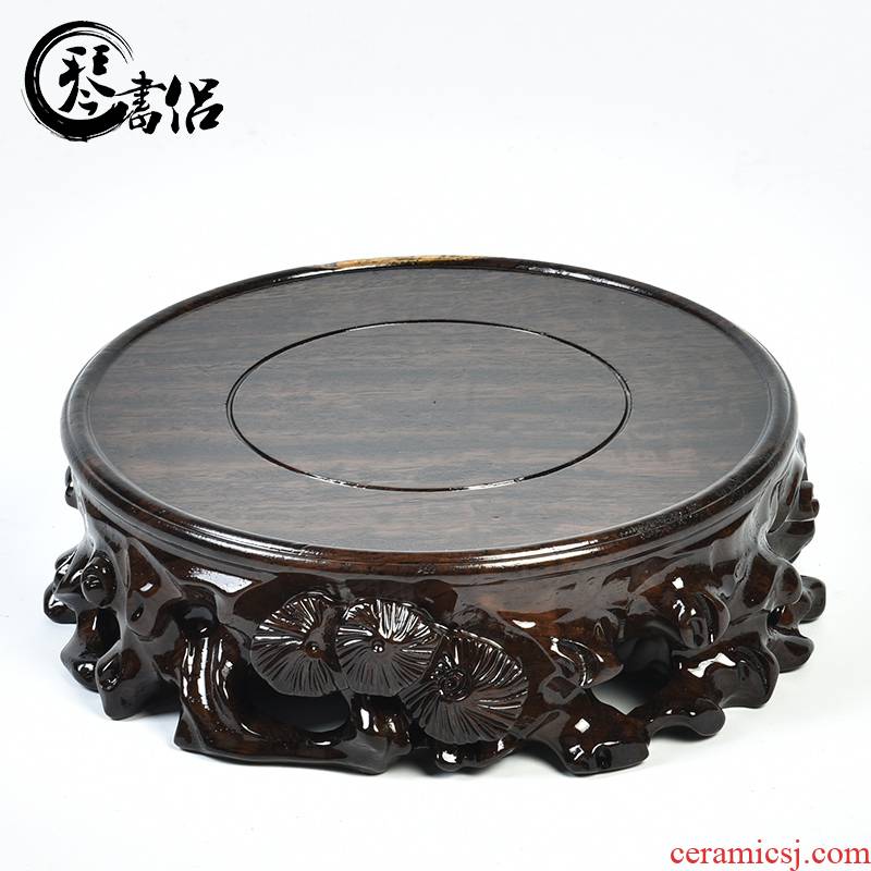 Ebony woodcarvings tea base round solid wood vase base jade stone base wooden flower miniascape are it