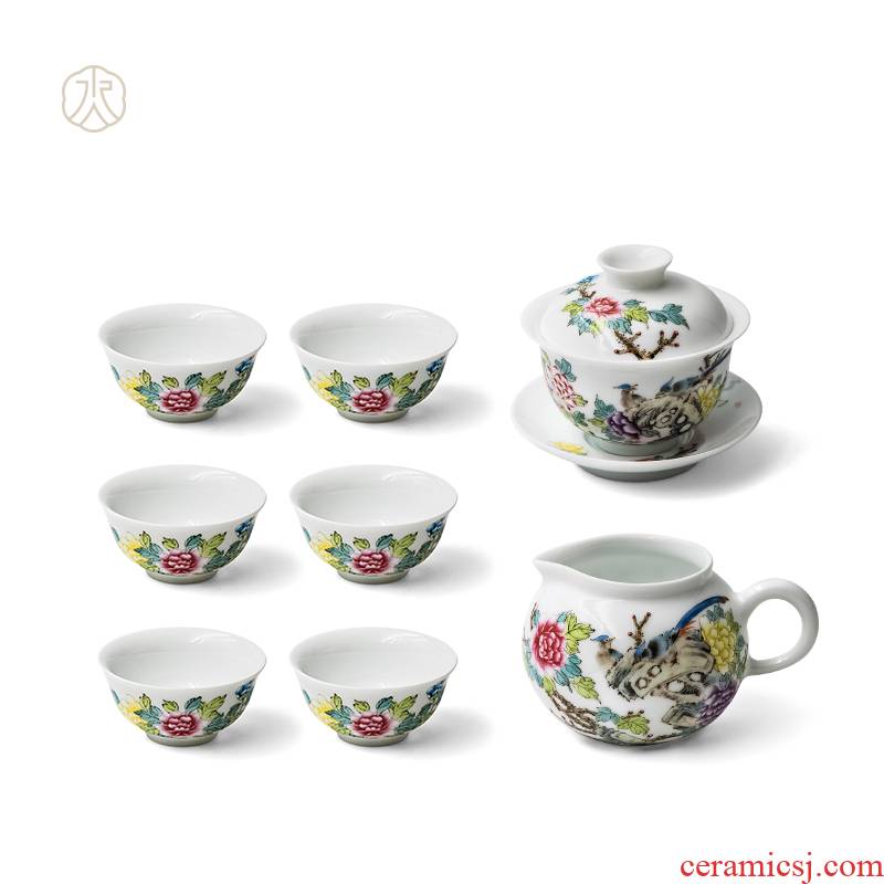 Cheng DE hin jingdezhen porcelain, ceramic kung fu tea powder enamel 8 head group of fret blooming flowers