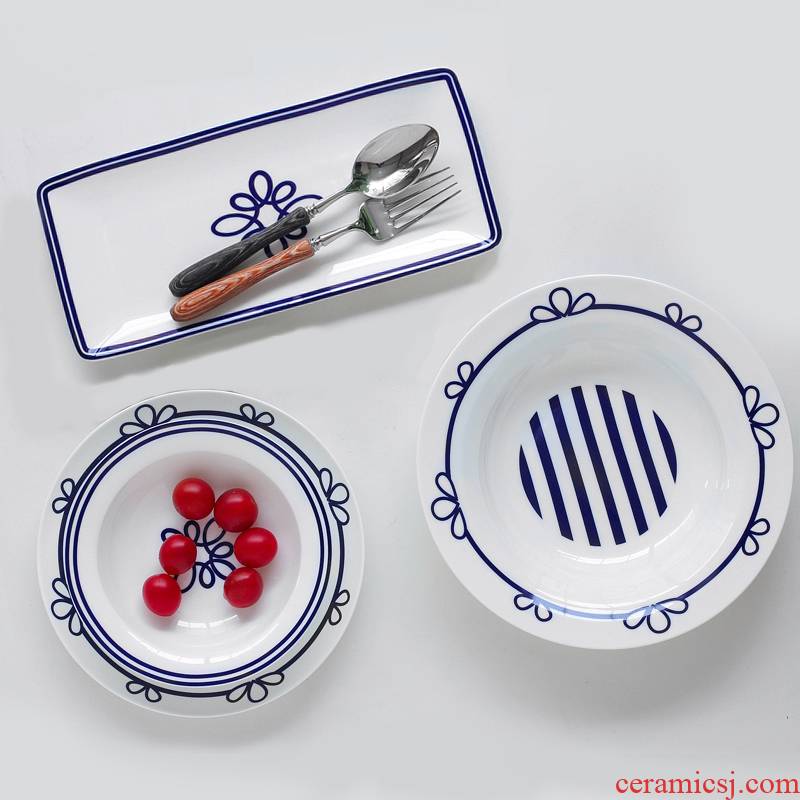 North house ceramics creative ceramic soup plate flat dish dish blue stripes dish plate tableware